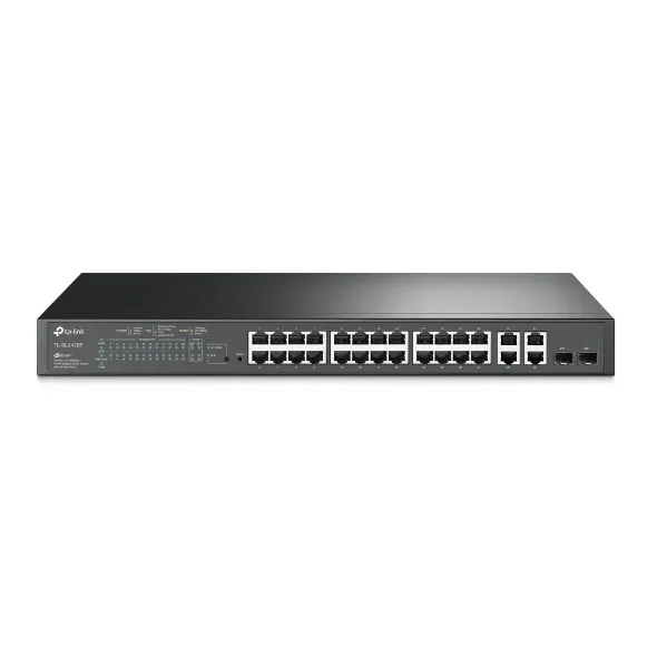 SWITCH TP-LINK TL-SL2428P 24 PUERTOS RJ45 10/100 MBPS POE CON 2 PUERTOS RJ45 GIGABIT Y 2 RANURAS SFP GIGABIT COMBO NO ADMINISTRABLE PARA RACK 19 PULGADAS
