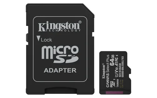 MEMORIA FLASH MICRO SD KINGSTON SDXC CANVAS SELECT PLUS 64GB 100MB/S UHS-I U1 V10 C/ADAPTADOR (SDCS3/64GB)