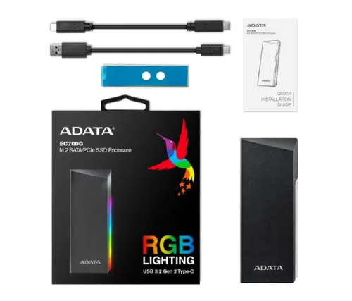 CARCASA ADATA EC700G PARA UNIDADES DE ESTADO SOLIDO M.2 PCIE/SATA USB 3.2 TIPO C WINDOWS MAC LINUX ANDROID COLOR NEGRO AEC700GU32G2-CGY