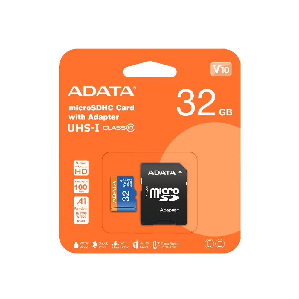 MEMORIA ADATA MICRO SDXC/SDHC 32GB UHS-I 100MB/25MB CLASE 10 V10 A1 C/ADAPTADOR AUSDH32GUICL10A1-RA1